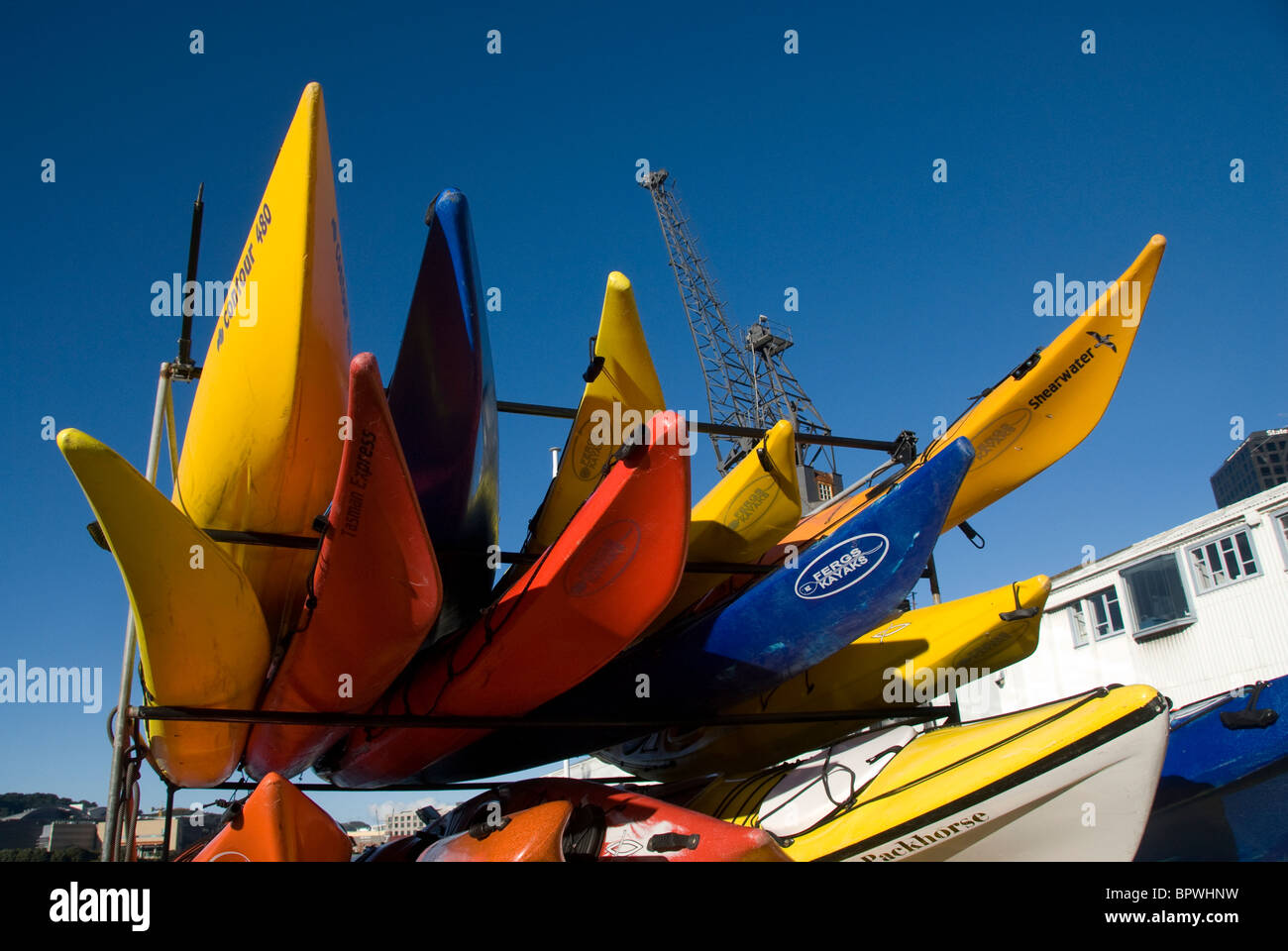 Arancio e giallo kayak memorizzato nel rack, Wellington, Isola del nord, Nuova Zelanda Foto Stock