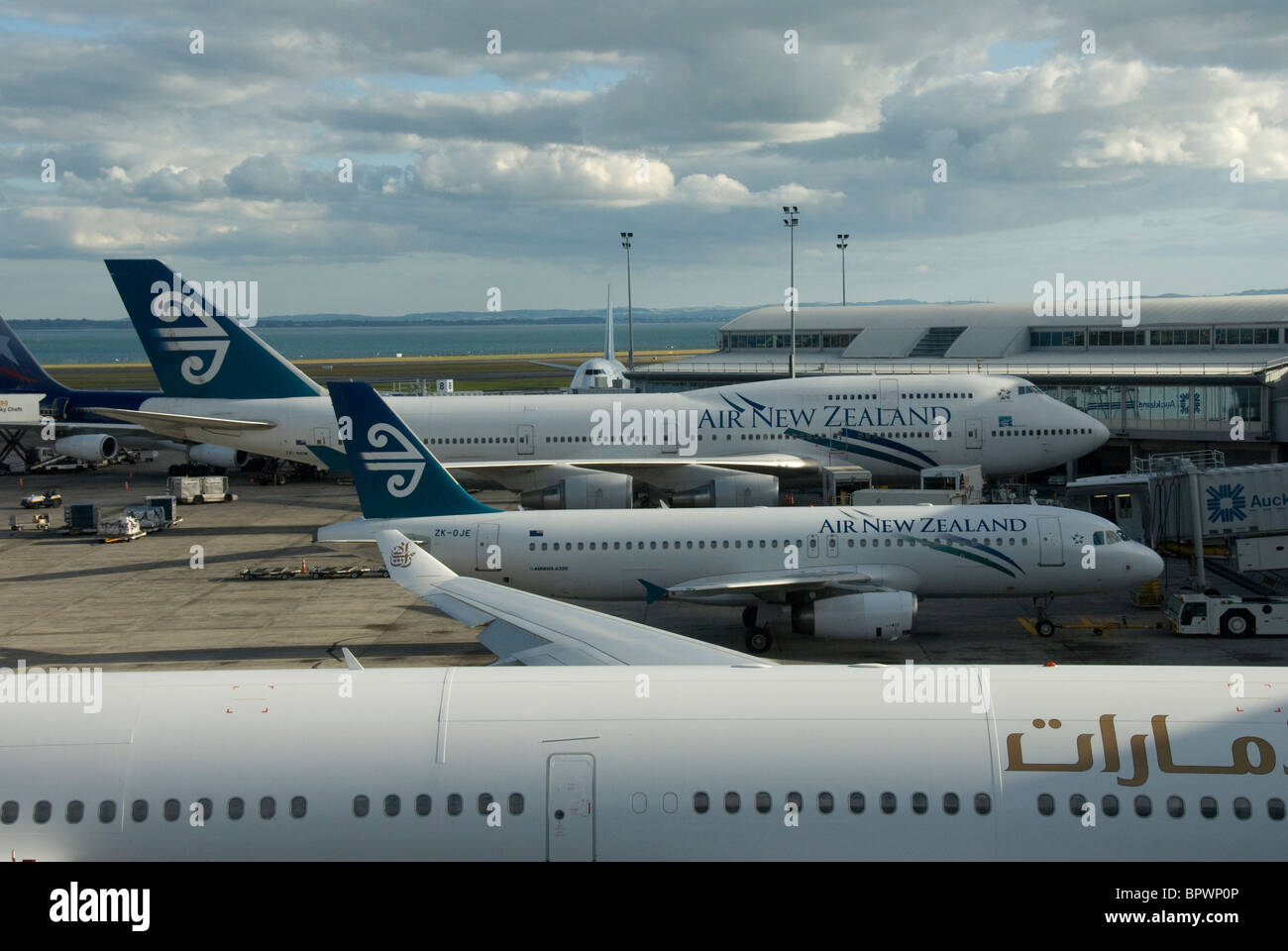 Aeromobili su cancelli all'Aeroporto Internazionale di Auckland, Isola del nord, Nuova Zelanda Foto Stock
