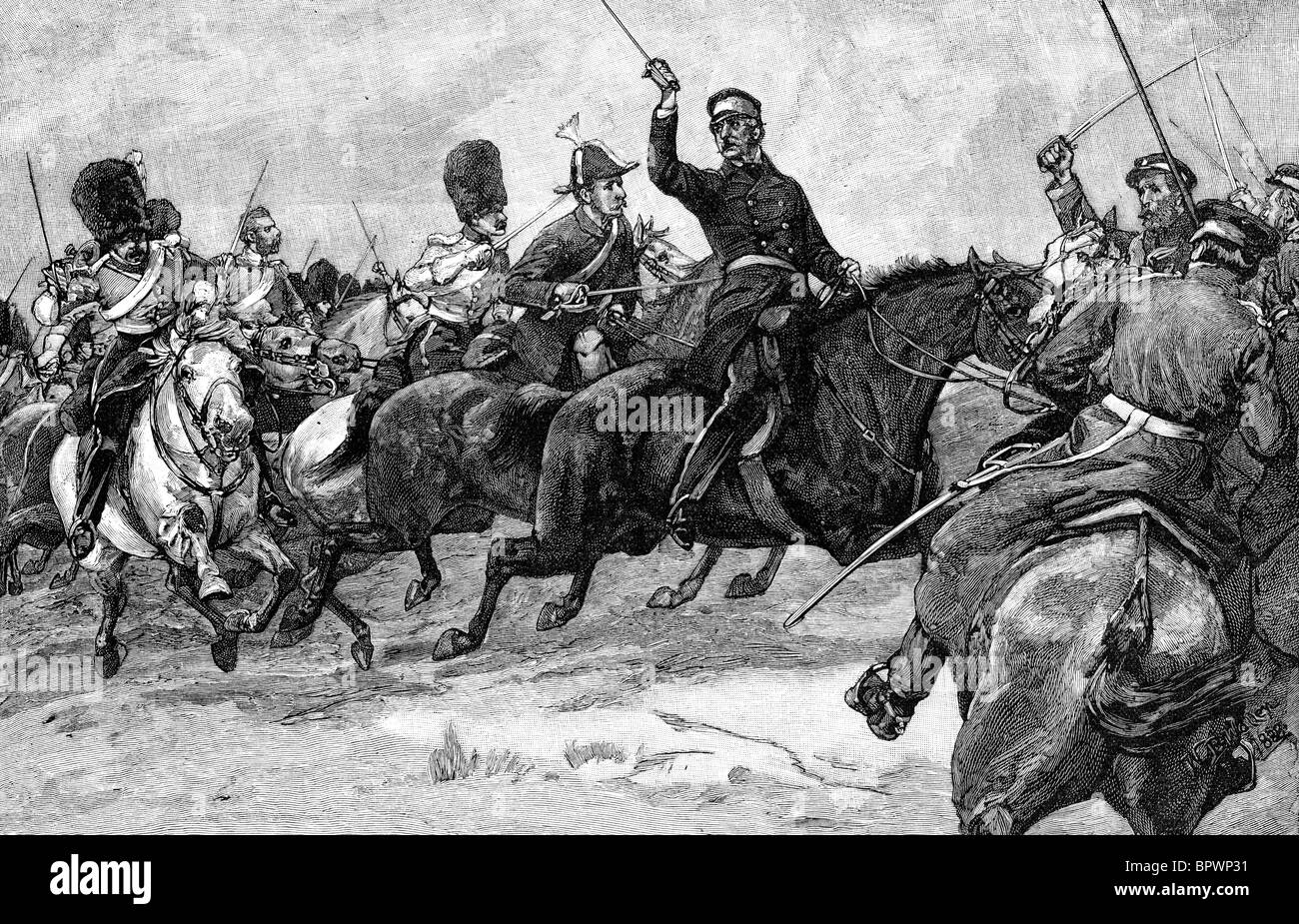 Il generale Sir James Yorke Scarlett portando la quinta Dragoon Guards (Pesante brigata di cavalleria) durante la Battaglia di Balaklava Foto Stock