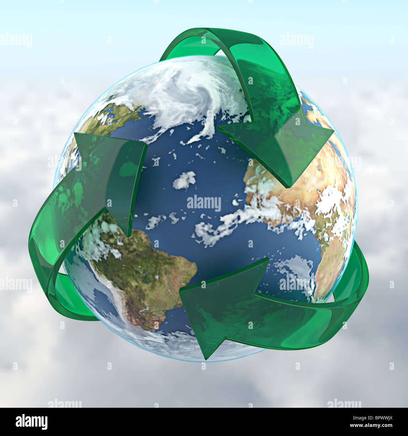 Simbolo Ricoclabile Simbolo di riciclabile in 3d attorno al pianeta terra con percorso di ...