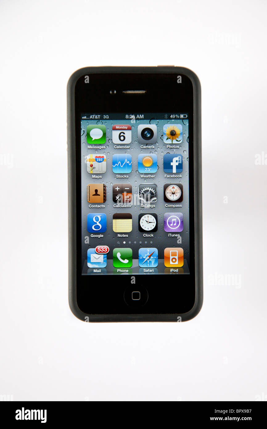 Iphone G4 4 con il paraurti caso, visualizza la finestra di menu Foto Stock