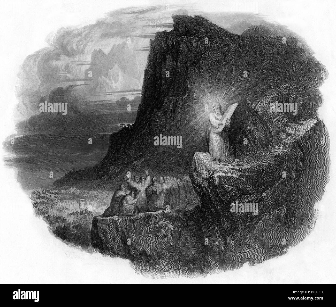 Mosè sul monte Sinai con i dieci comandamenti. Foto Stock