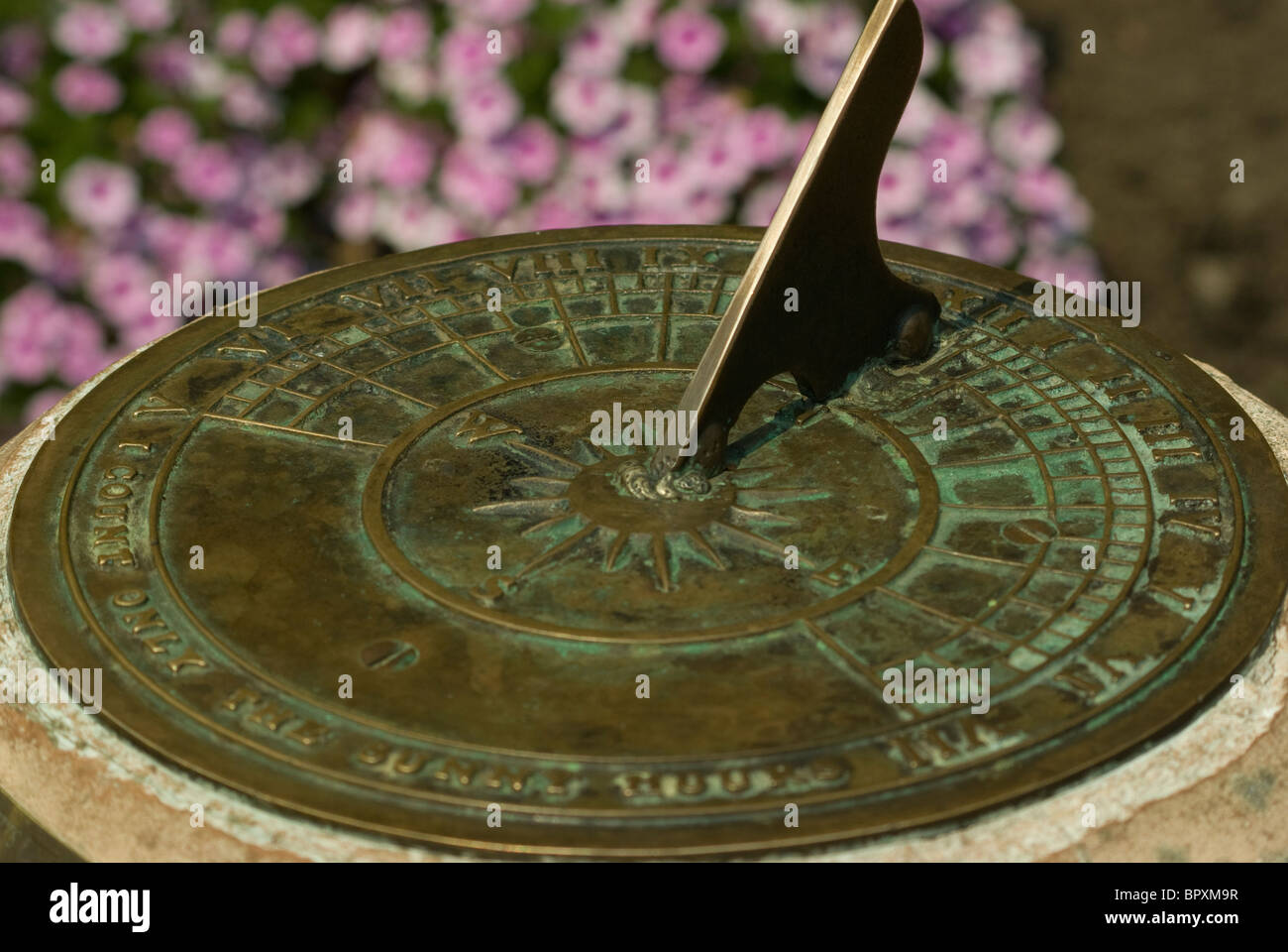 Un vecchio orologio solare, verde con l'età, siede predire il tempo in Beacon Hill Park, Victoria, BC, Canada. Foto Stock