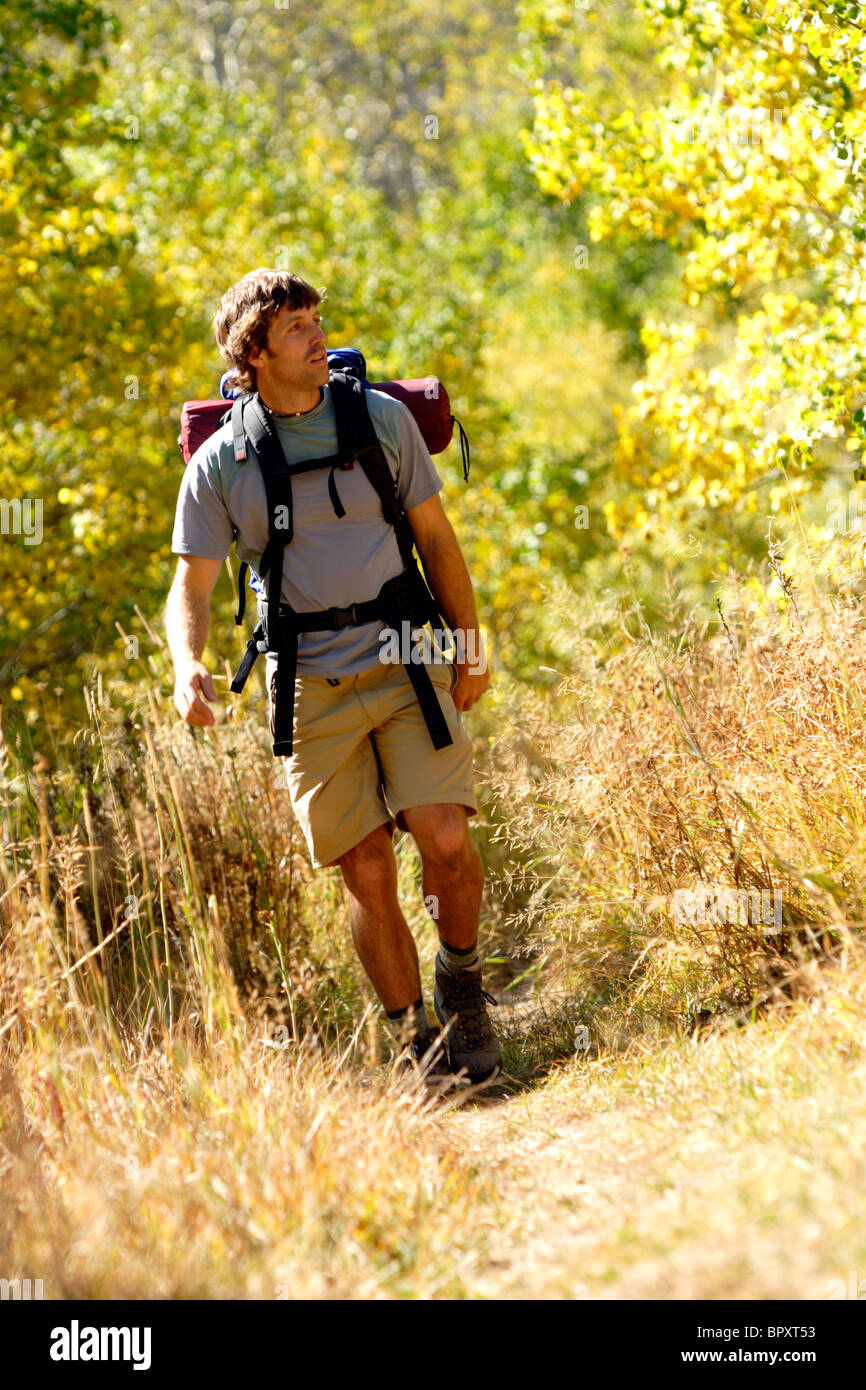 Giovane uomo backpacking caduto vicino Lago di foglia, CA. Foto Stock
