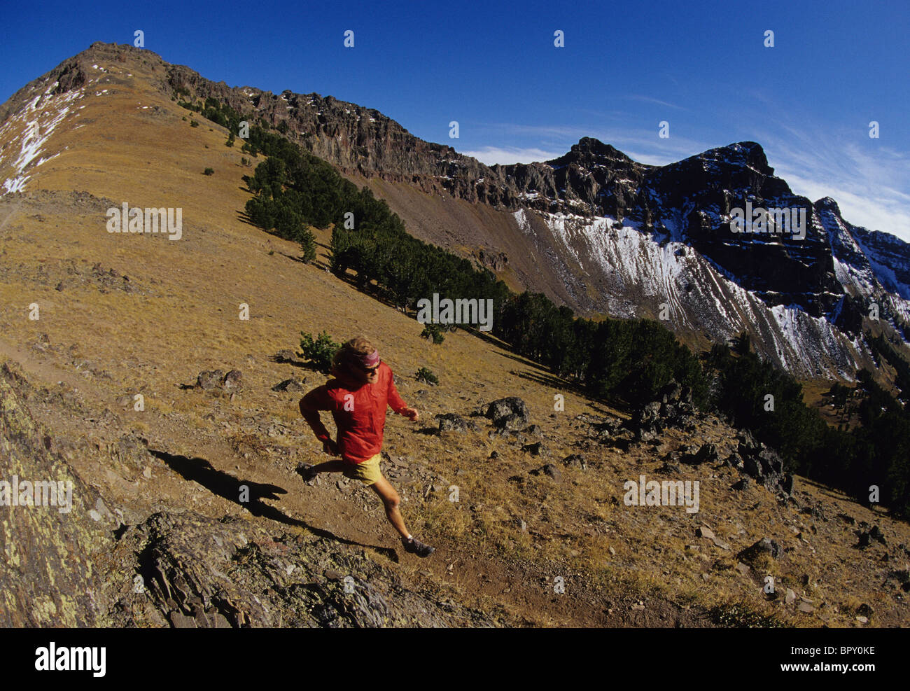 Un uomo sentiero si snoda nelle montagne del sud-ovest Montana. Foto Stock