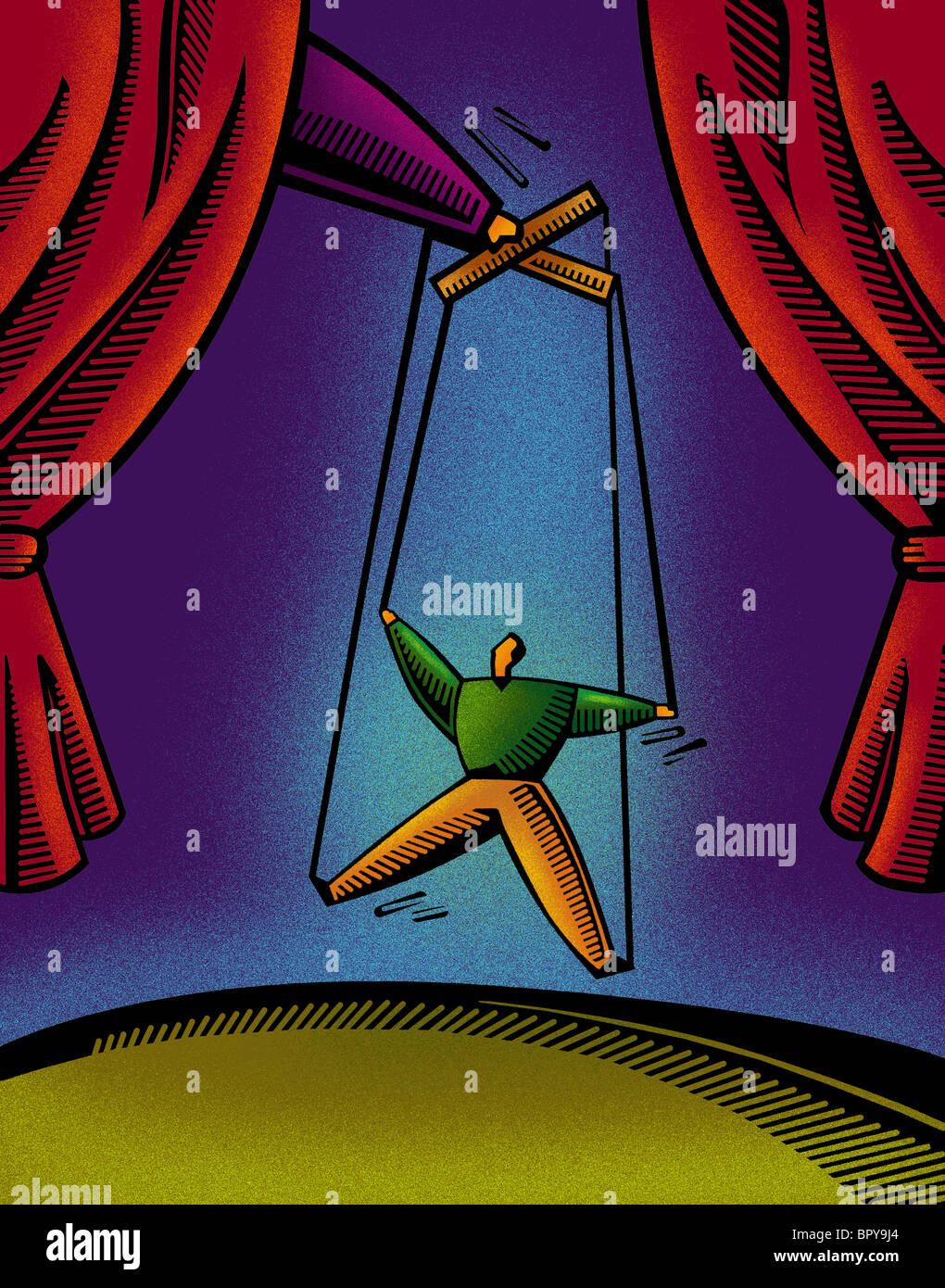 Un uomo appeso su stringhe come una marionetta Foto Stock