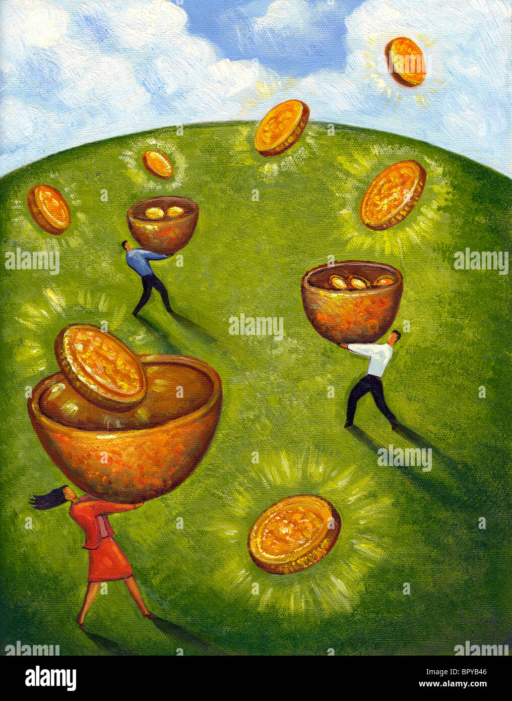 Una illustrazione di tre persone la cattura di monete d'oro in cestelli Foto Stock