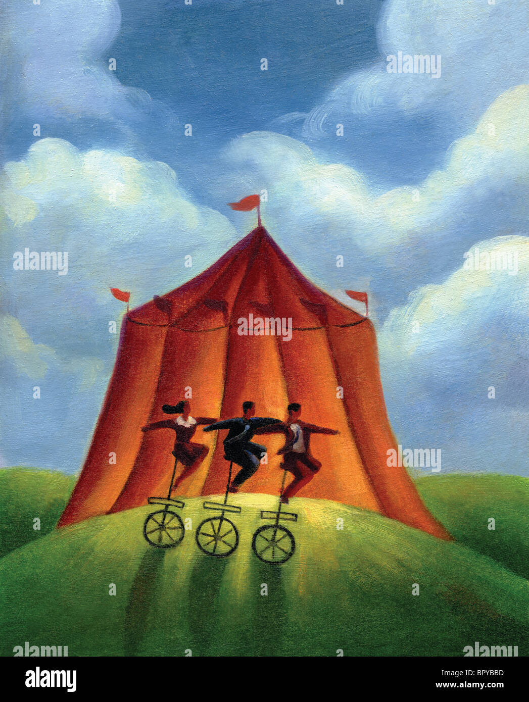Tre persone su unicycles infront di una tenda del circo Foto Stock