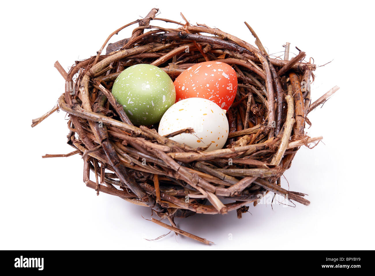 Tre screziato uova nel nido su sfondo bianco Foto Stock