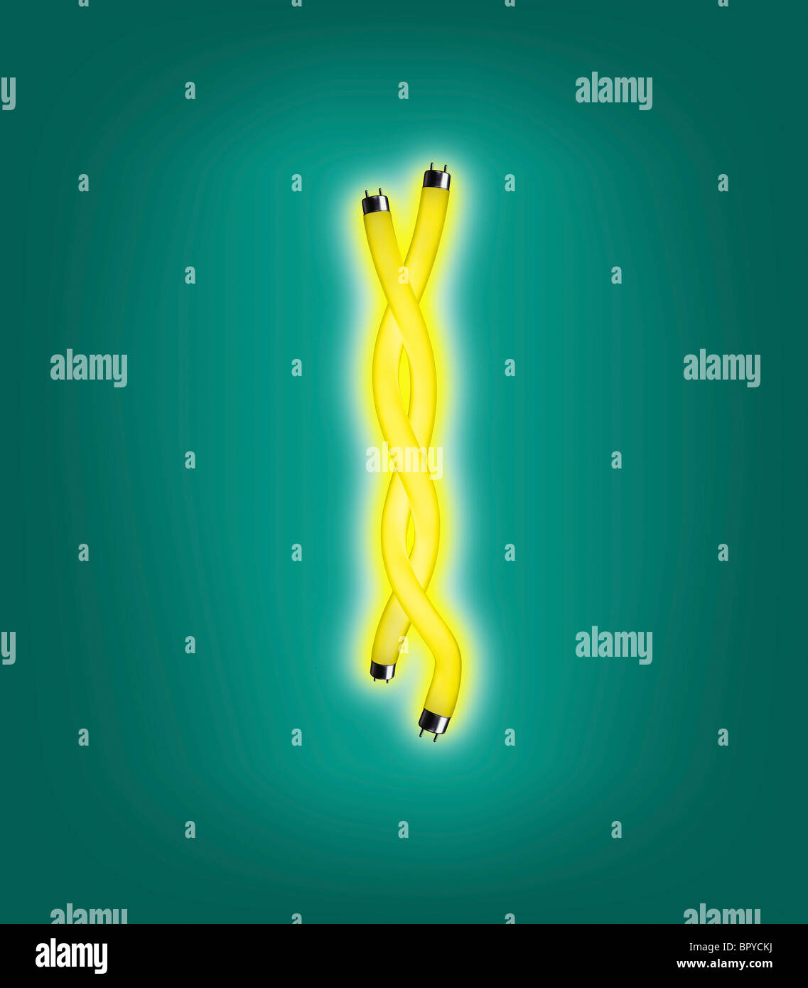 Giallo luce fluorescente sagomato come un filamento di DNA contro un sfondo teal Foto Stock
