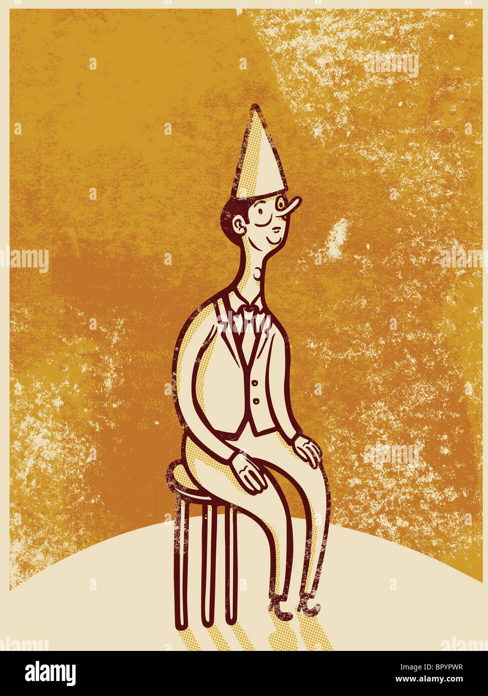 Disegno di un uomo che indossa un cappello dunce seduti su uno sgabello Foto Stock