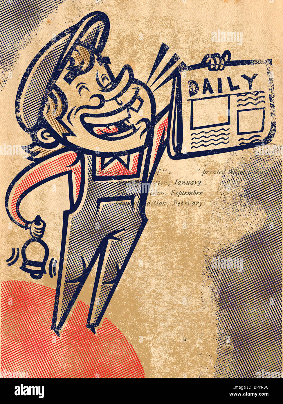 Un paperboy tenendo alto il quotidiano Foto Stock