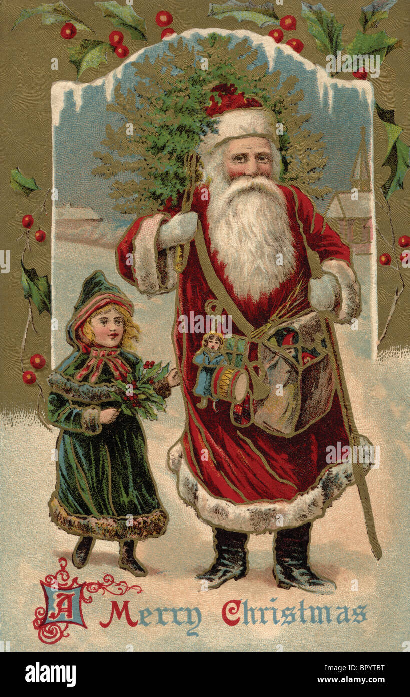 Vintage cartolina di Natale di Santa Claus a piedi con una bambina come egli porta un albero di Natale sulla sua spalla Foto Stock