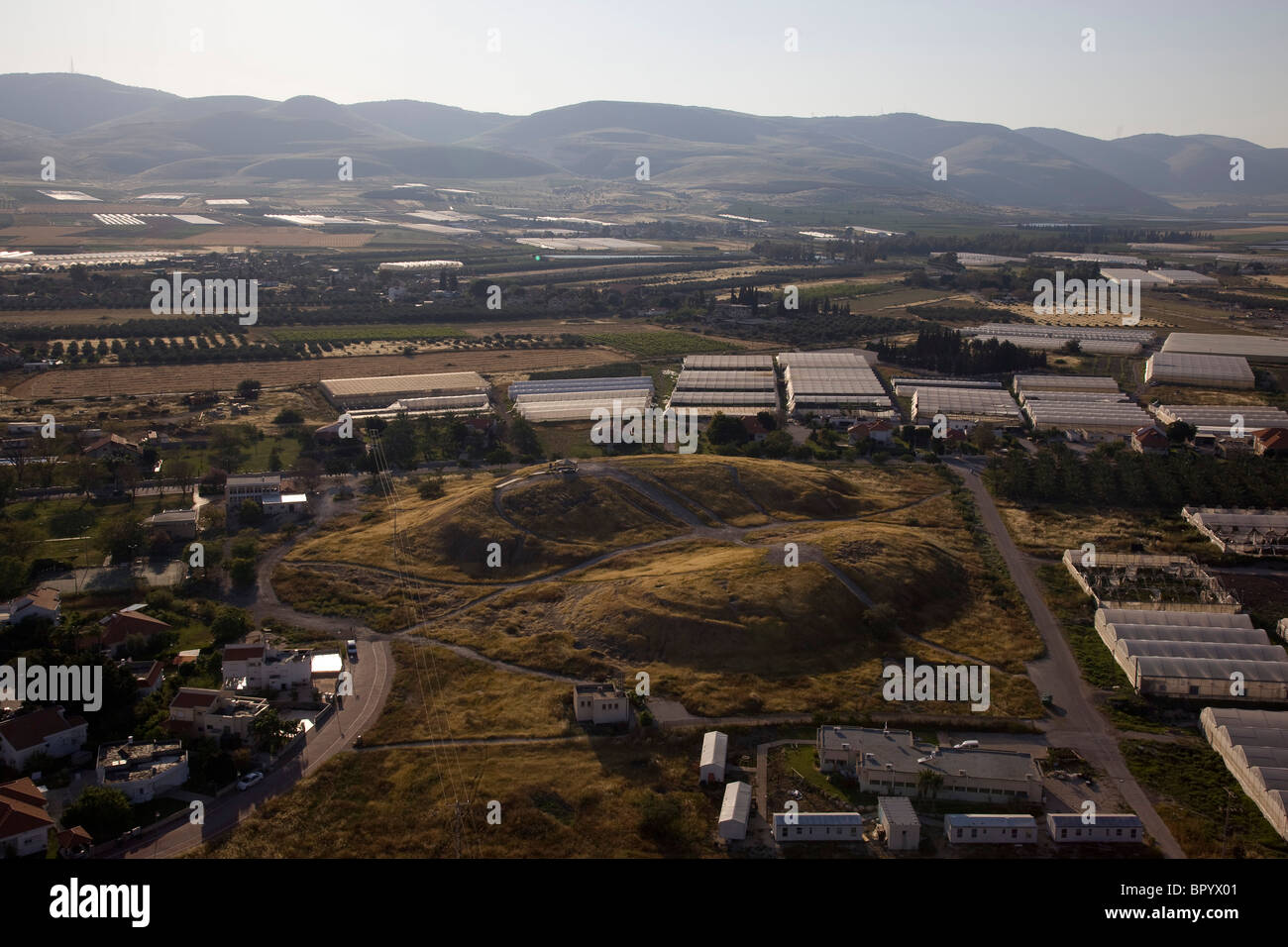 Fotografia aerea del villaggio di Tel Teomim nella valle del Giordano Foto Stock