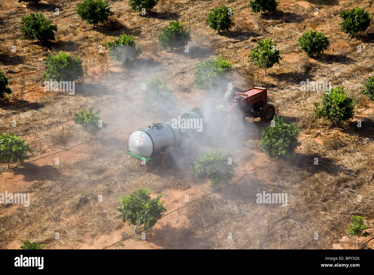 Immagine aerea di un trattore dustind una piantagione di Sharon Foto Stock