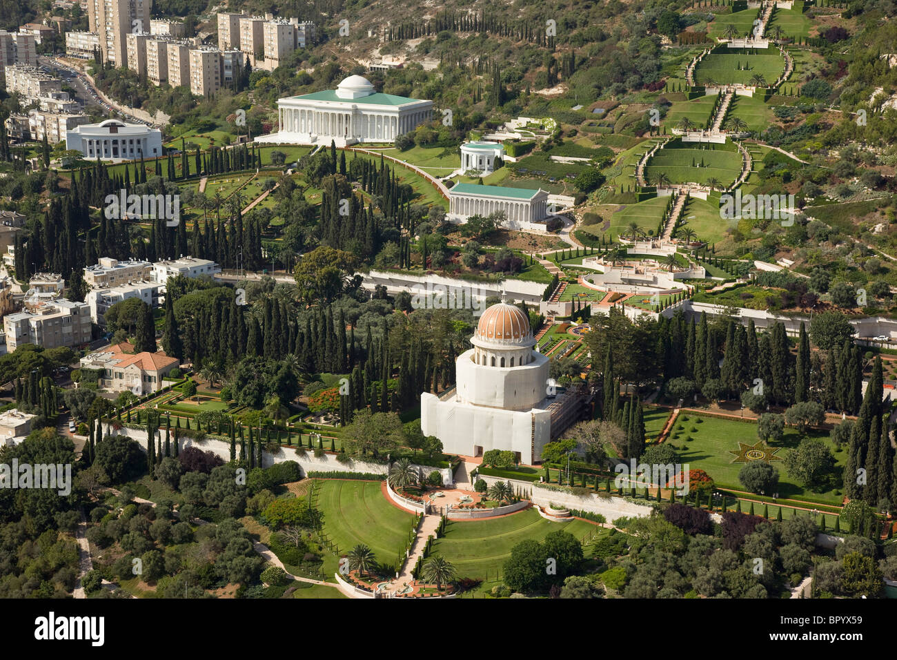 Fotografia aerea del tempio Bahai e giardino sulle pendici del Monte Carmelo Foto Stock