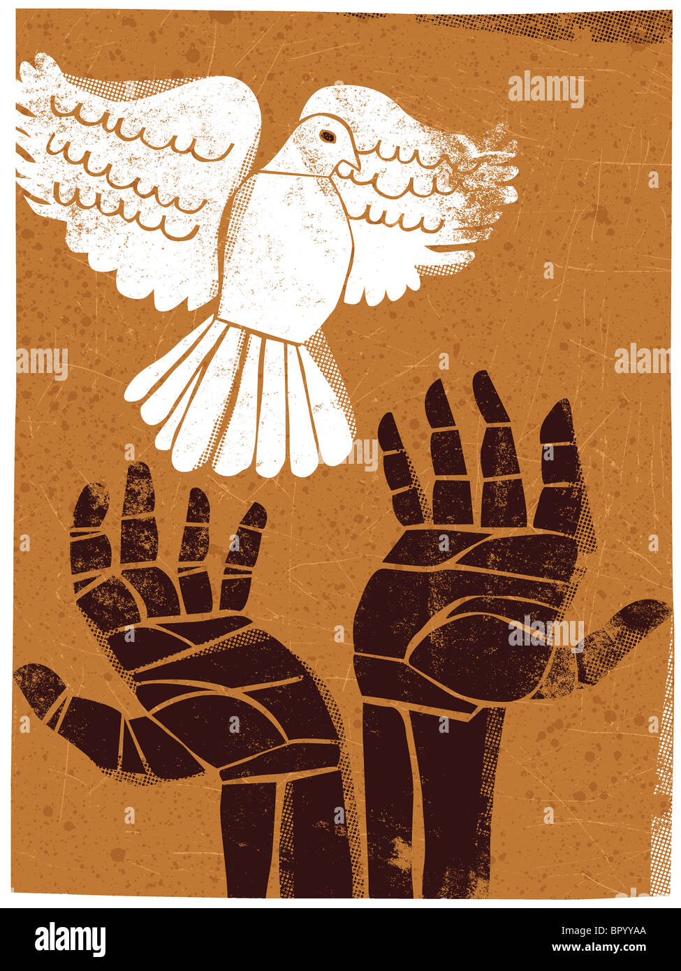 Illustrazione delle mani liberando una colomba Foto Stock