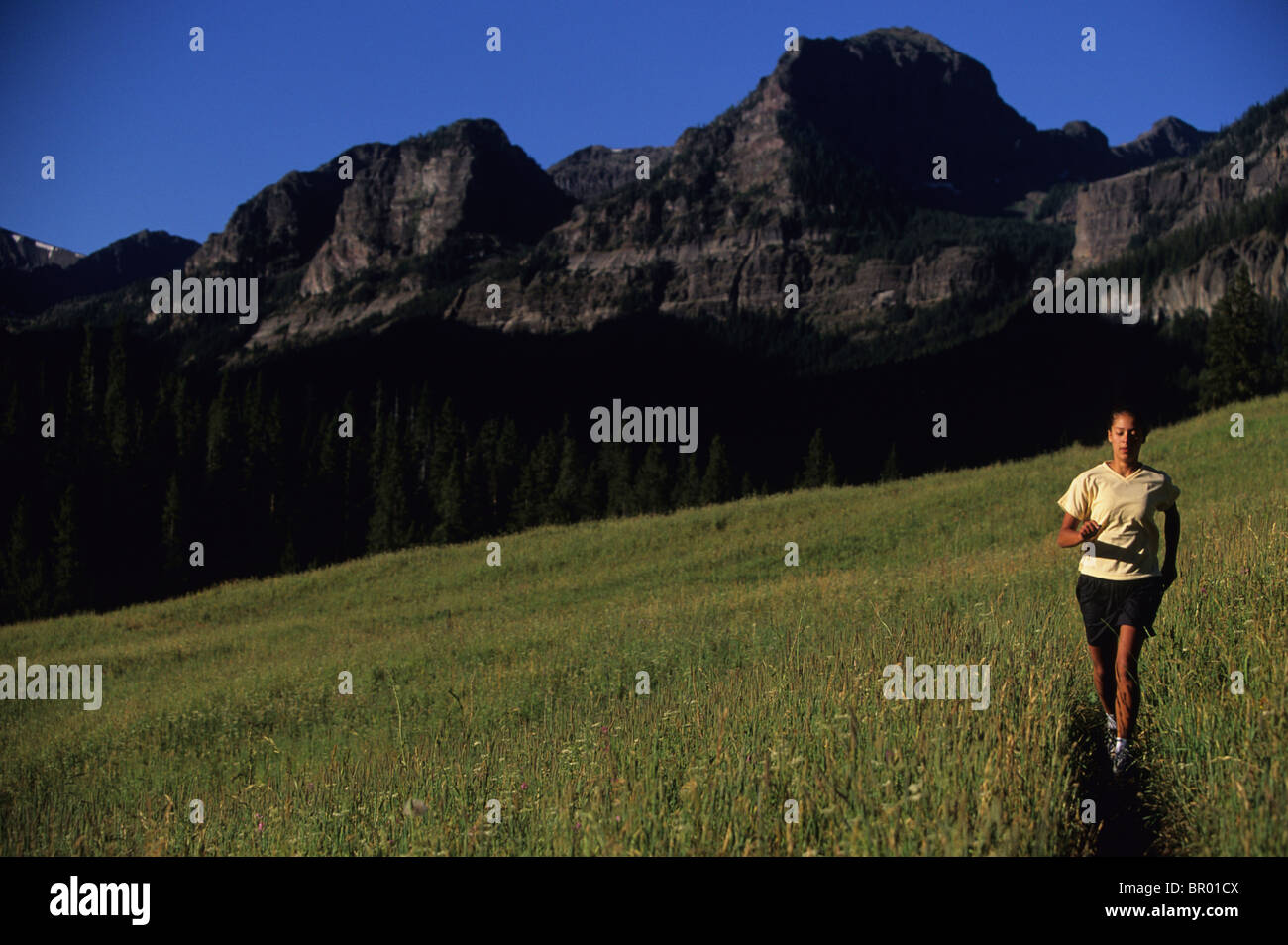 Una donna sentiero si snoda attraverso una montagna di prato. Foto Stock