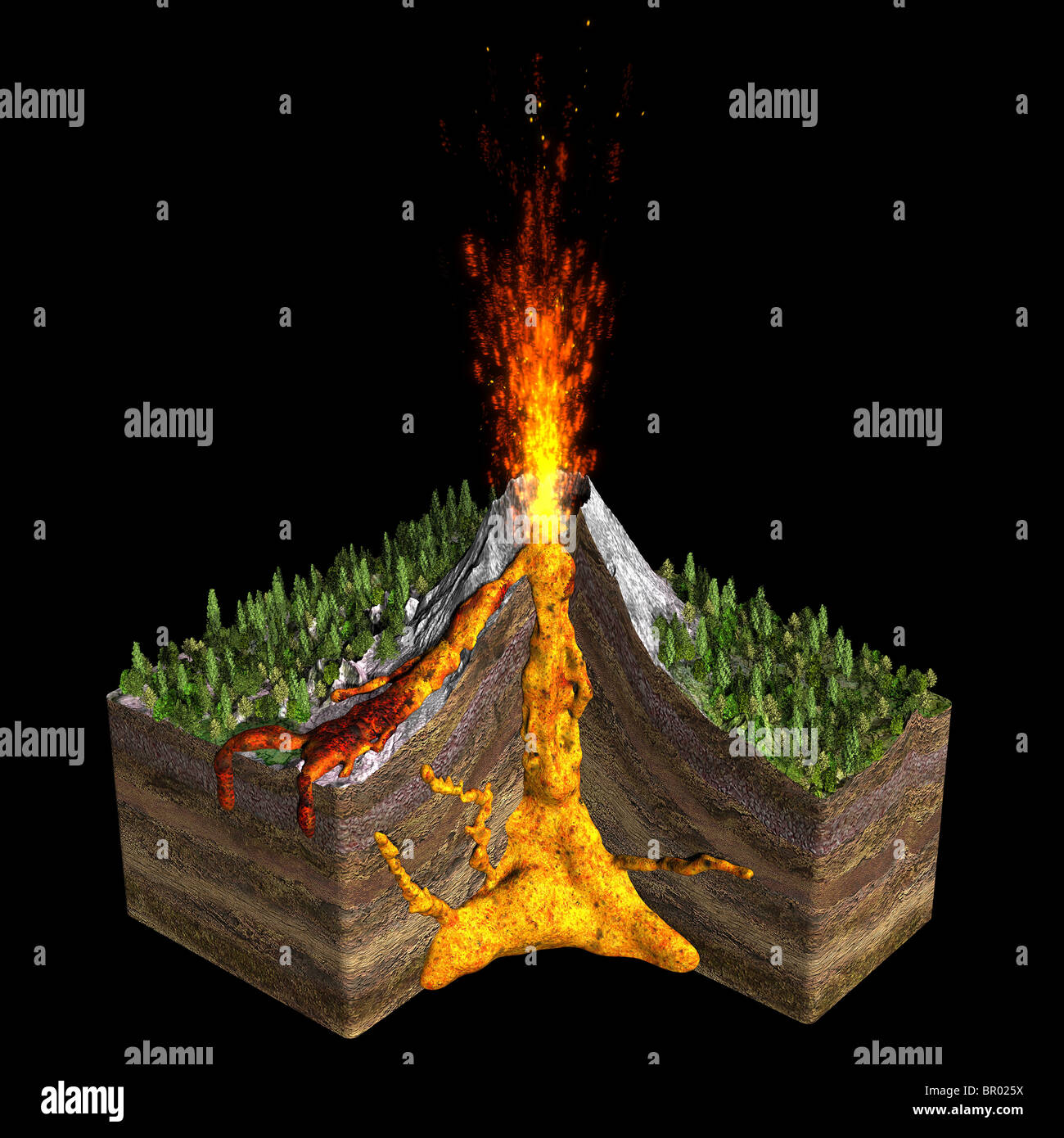 Illustrazione di un vulcano sputare fuoco. Che mostra una sezione trasversale della terra con il magma chambers. Foto Stock