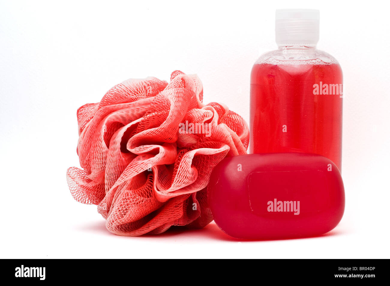 Vasca da bagno rosa, gel per la doccia e il sapone Foto Stock