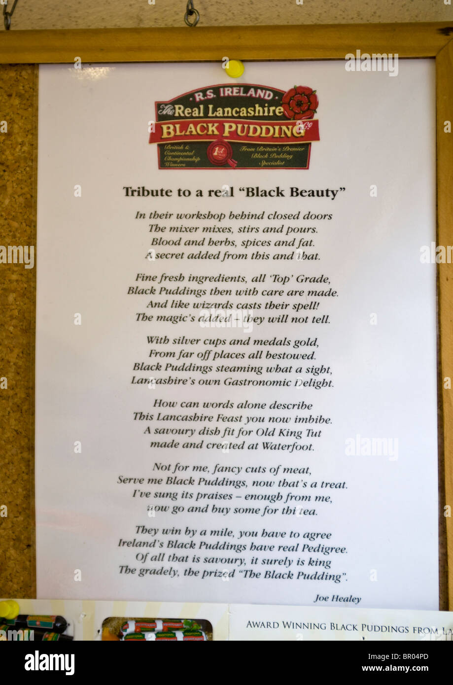 Black Pudding poesia nel negozio di macellaio Accrington Lancashire Foto Stock