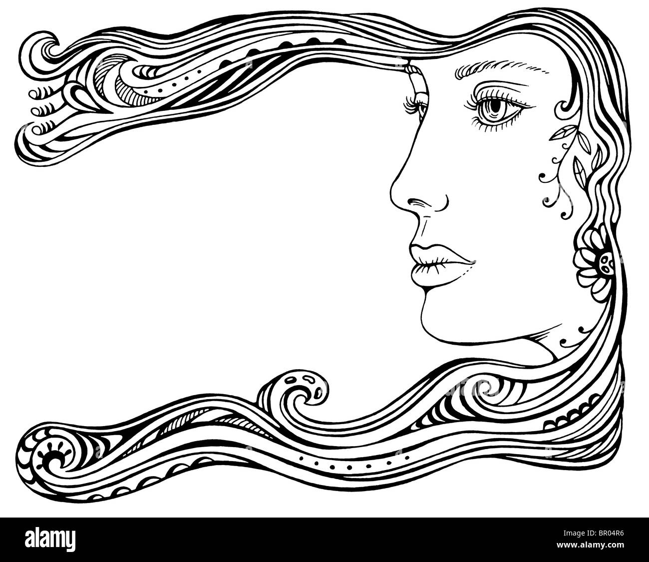 Illustrazione decorativo di un womans viso e capelli Foto Stock