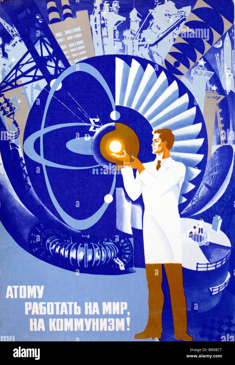 Poster per celebrare l'uso pacifico dell'atomo in Unione Sovietica. Foto Stock