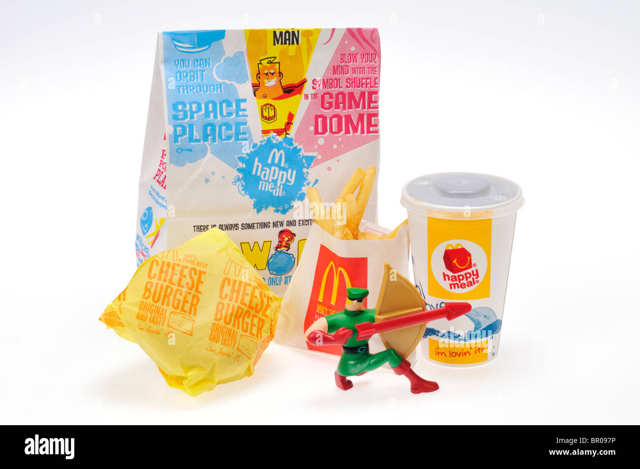 McDonald's Happy Meal con Robin Hood Toy su sfondo bianco, ritaglio. Foto Stock