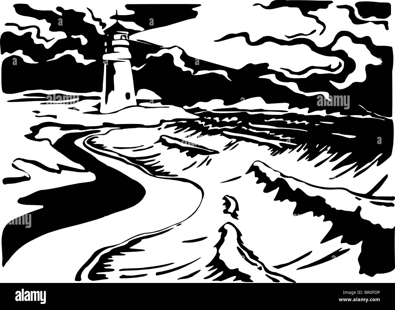 Un faro in mezzo al mare ruggente illustraed in bianco e nero Foto Stock