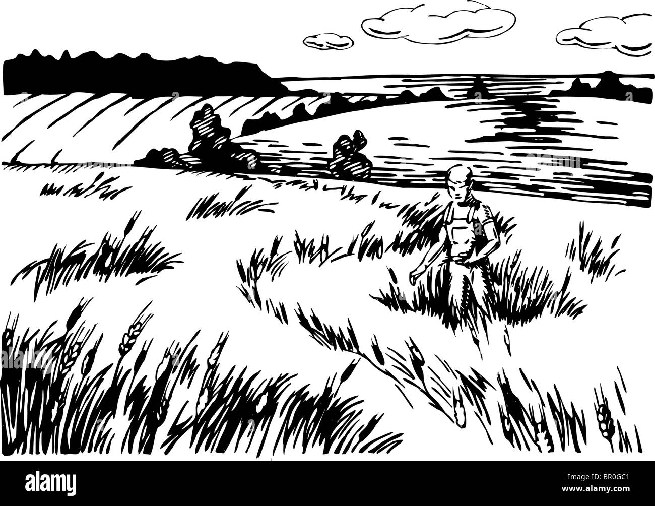 Un agricoltore di ispezionare le sue coltivazioni disegnato in bianco e nero Foto Stock