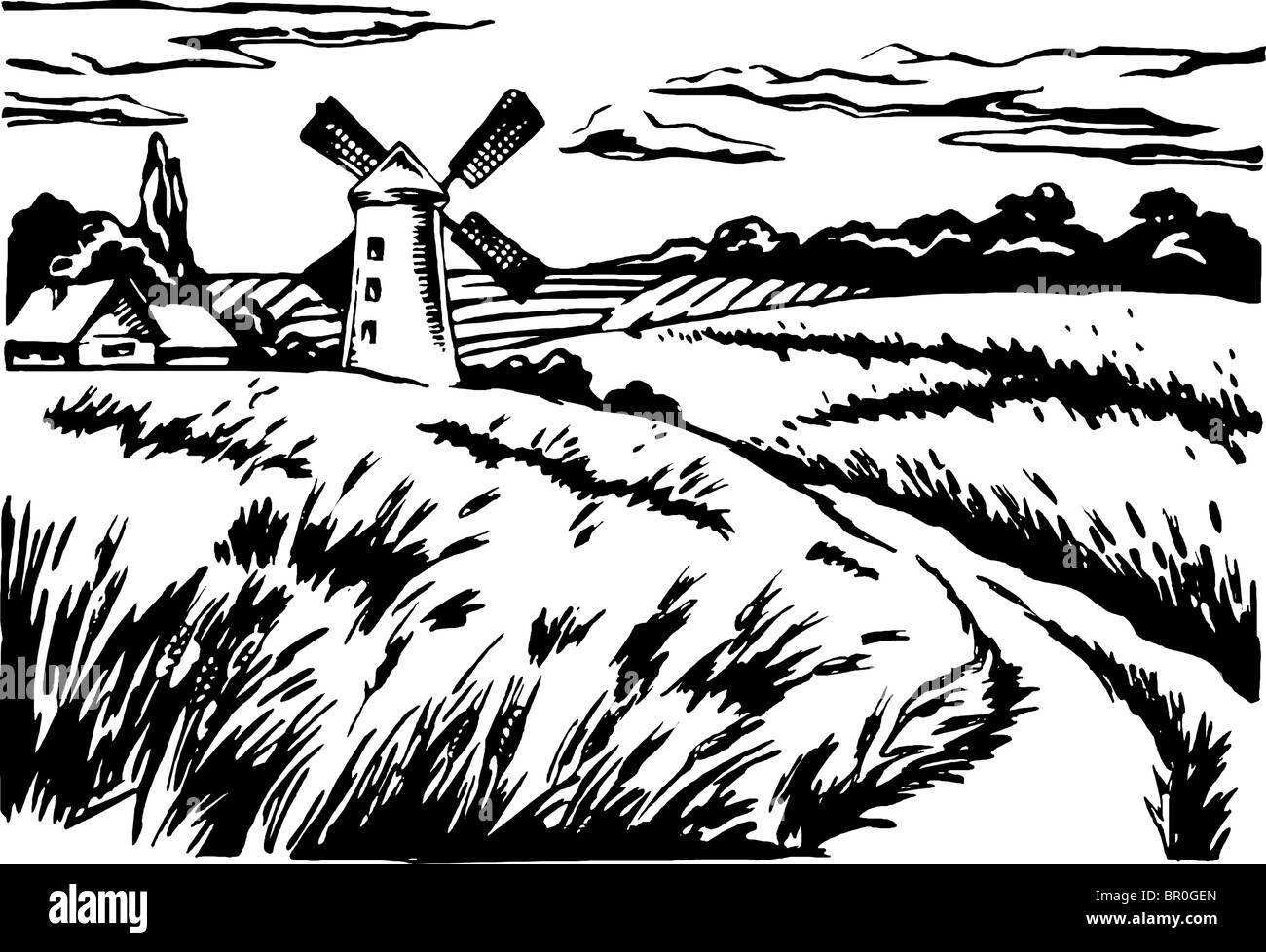 Un mulino a vento che sorge nel mezzo di un campo di grano mostrato in bianco e nero Foto Stock