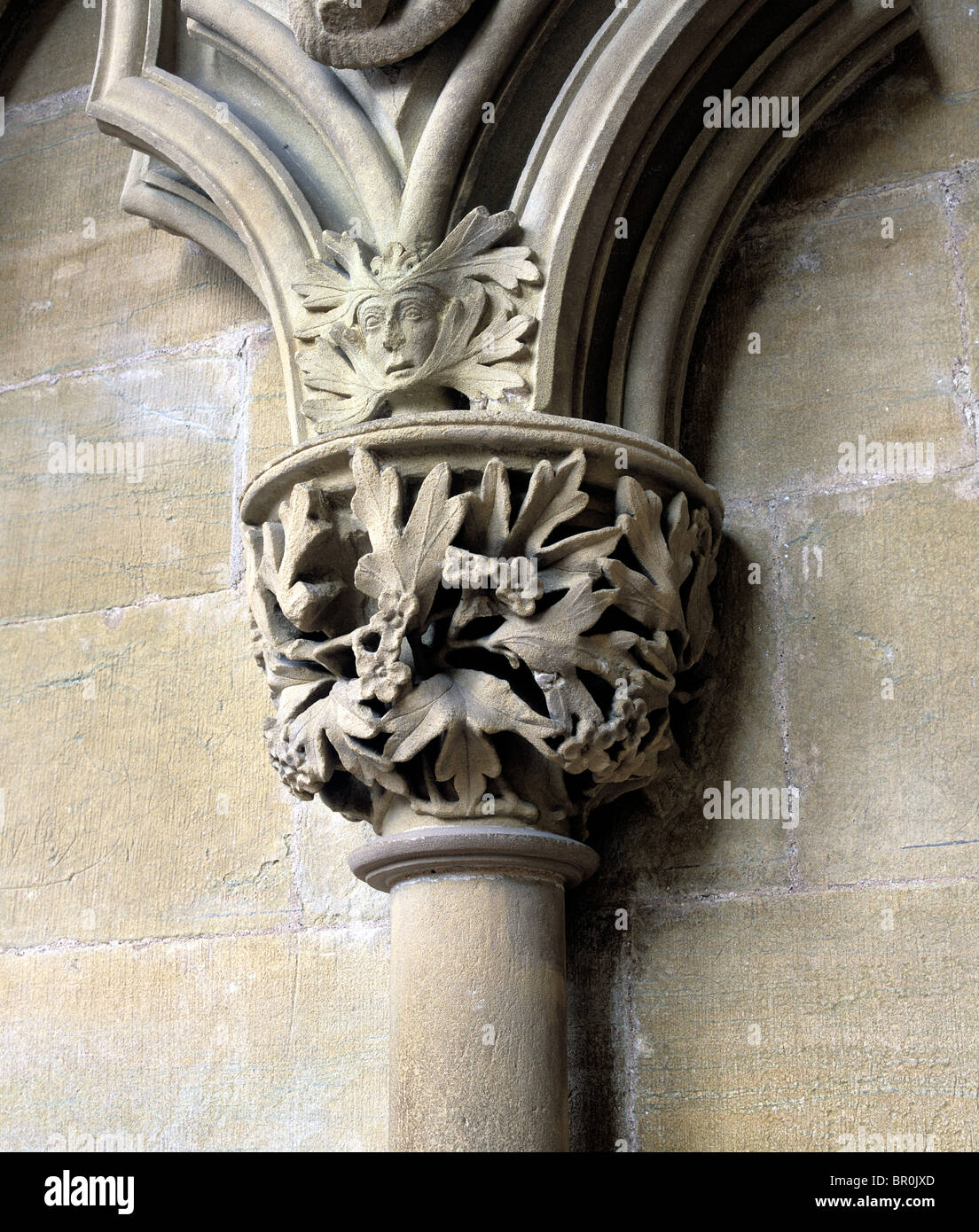Riccamente intagliati muratura in pietra che ornano un capitale su una colonna a Southwell Minster. Foto Stock