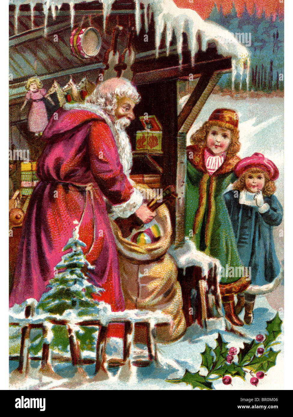 Vintage scheda di natale di Santa Claus offrire doni a due ragazze Foto Stock