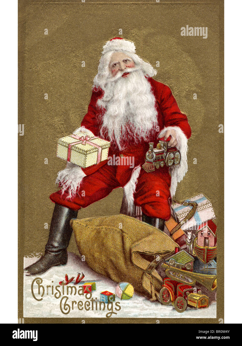 Vintage scheda di Natale di Babbo Natale con un sacco pieno di regali Foto Stock