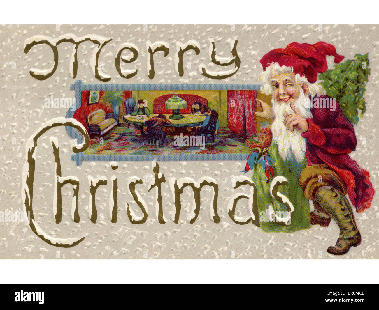 Vintage scheda di natale di Santa Claus in attesa per bambini per addormentarsi Foto Stock