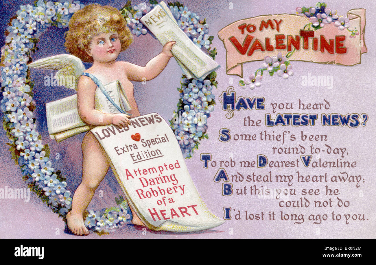 Vintage cartolina di San Valentino con un amorino newspaper boy Foto Stock