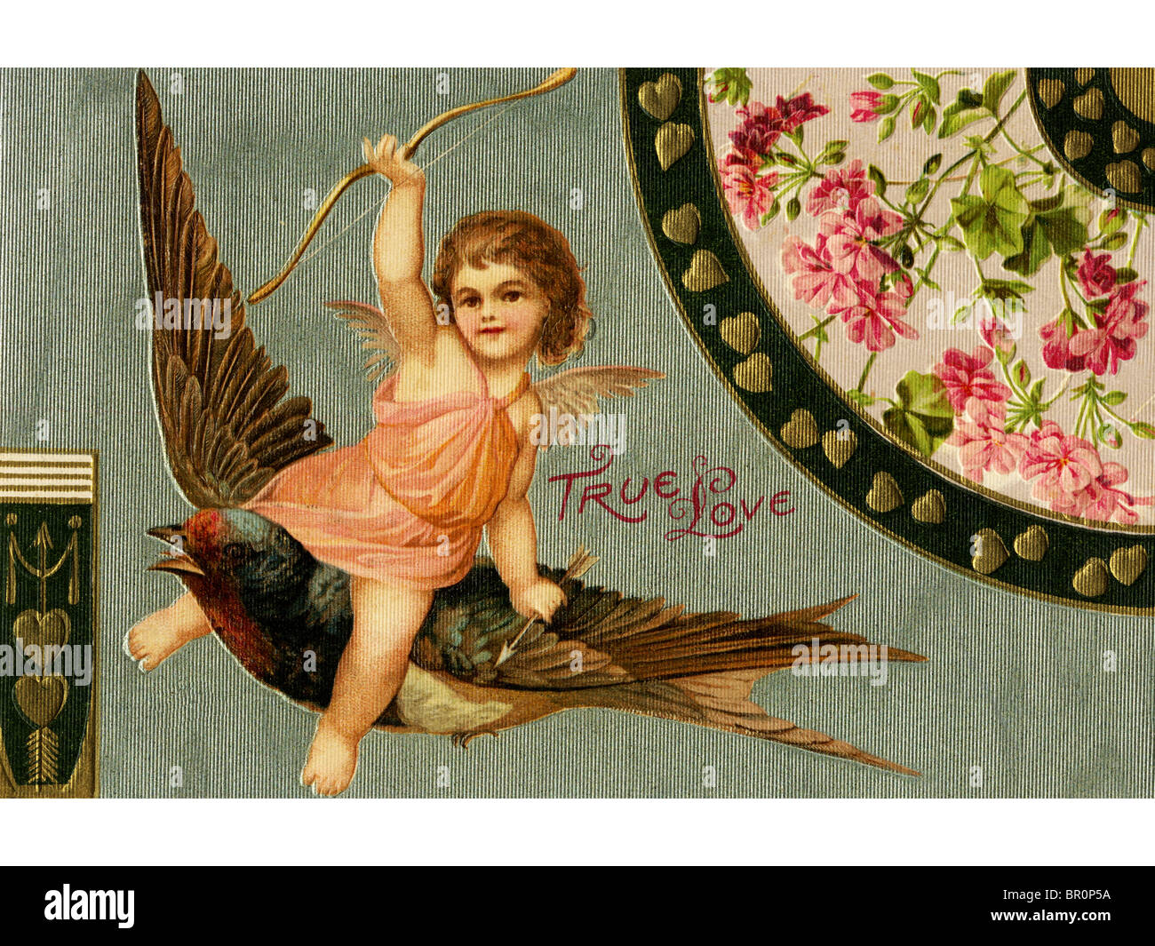 Un vintage vero amore Valentine con Cupido a cavallo di un passero Foto Stock