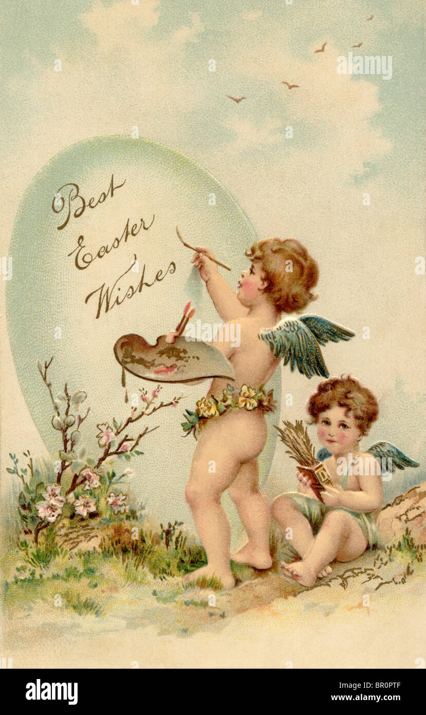 Un annata cartolina di Pasqua di due putti dipinto un uovo di Pasqua Foto Stock