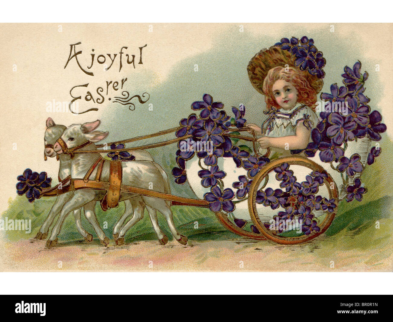 Un vintage Pasqua cartolina di una ragazza in sella a un carro pieno di violette trainato da due di agnello Foto Stock