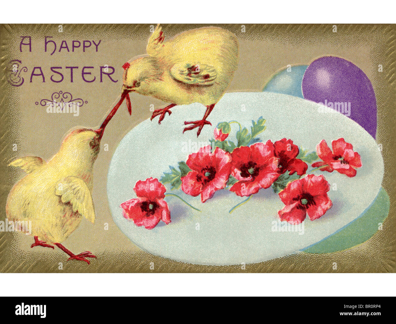 Un vintage Pasqua cartolina di due pulcini in lotta per un worm, papaveri e palloncini Foto Stock