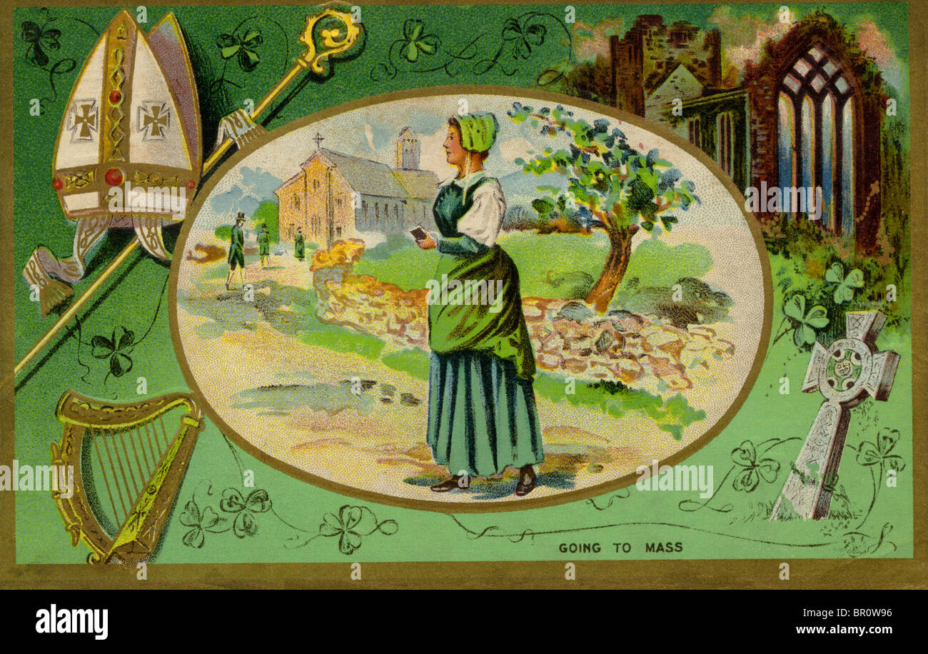Un collage di simboli irlandese e una donna che frequentano la messa Foto Stock