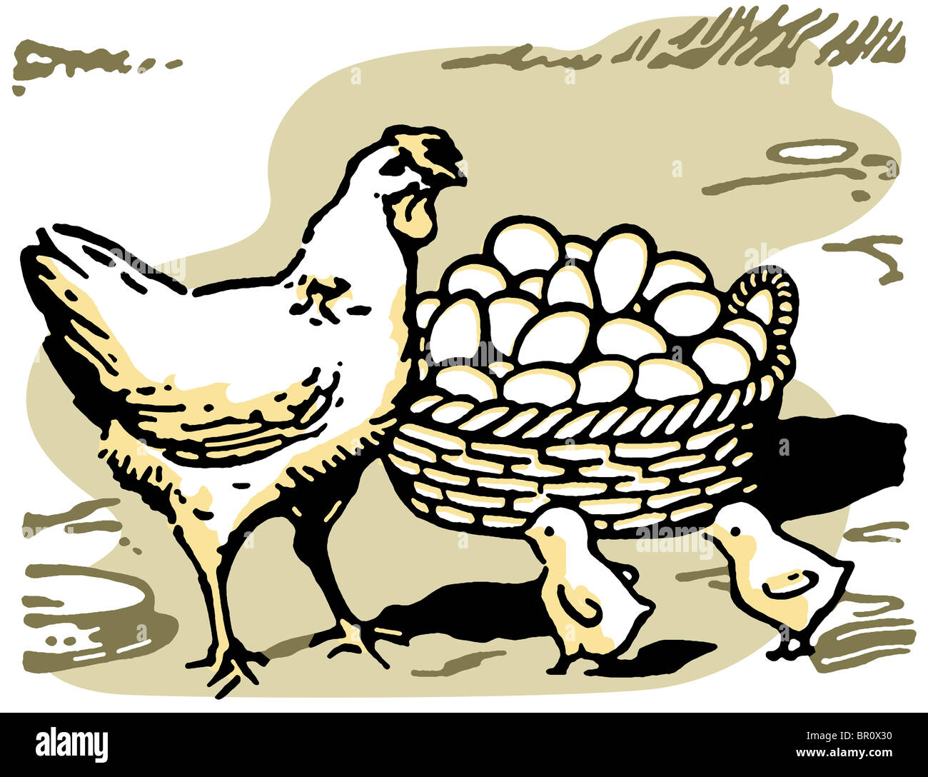 Una illustrazione di una gallina con due piccoli pulcini e un grande cestino di uova Foto Stock