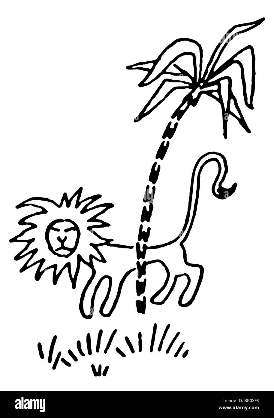 Una versione in bianco e nero di una semplicistica di disegno di un Lion aggirava dietro a un albero di palma Foto Stock