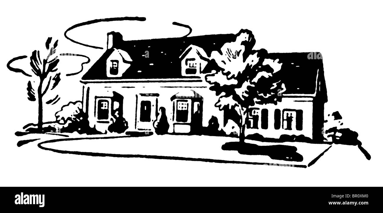 Una versione in bianco e nero di un'illustrazione di una casa suburbana Foto Stock