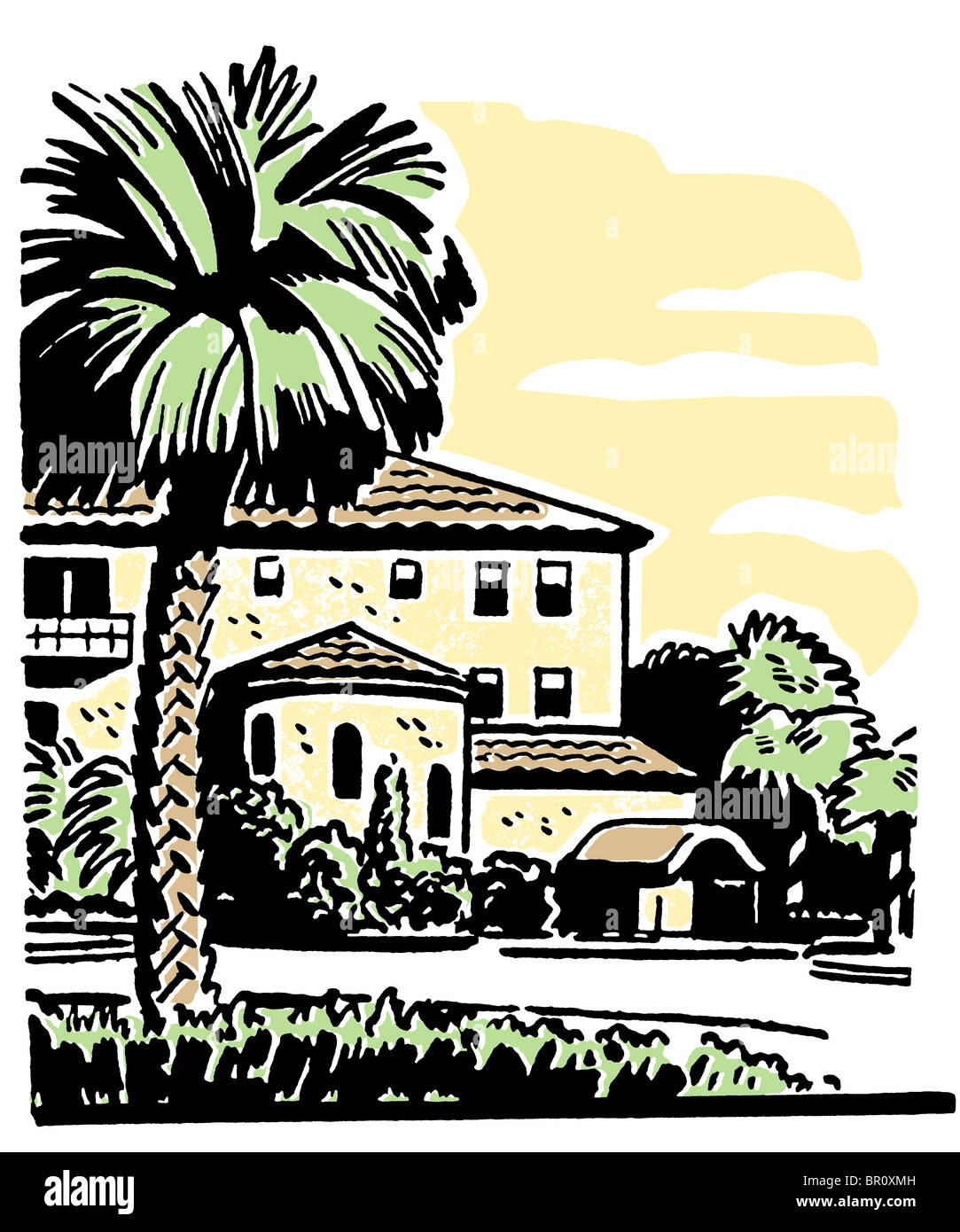 Una illustrazione di una grande casa con un ben stabilito Palm tree nel cortile anteriore Foto Stock