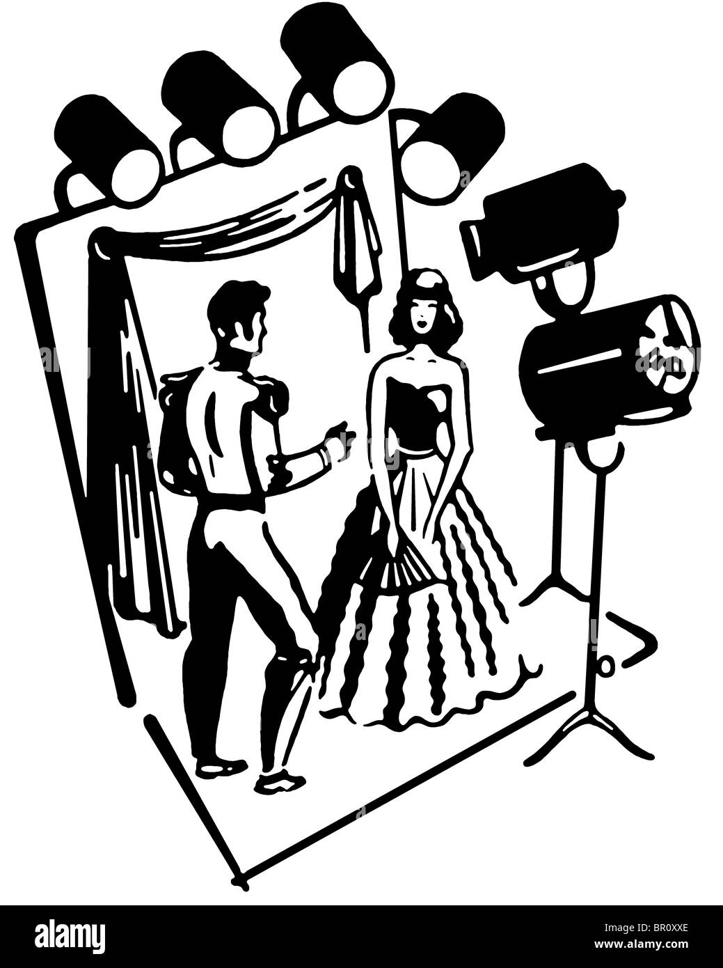 Una versione in bianco e nero di un uomo e di una donna su un palcoscenico teatrale impostato Foto Stock