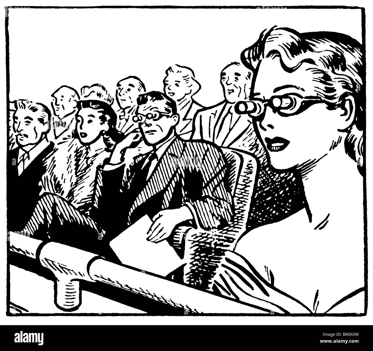 Una versione in bianco e nero di un gruppo di persone che frequentano il teatro dell'Opera Foto Stock