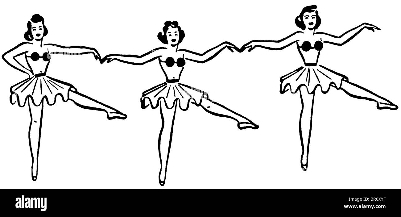 Una versione in bianco e nero di tre ballerine dancing in una riga Foto Stock