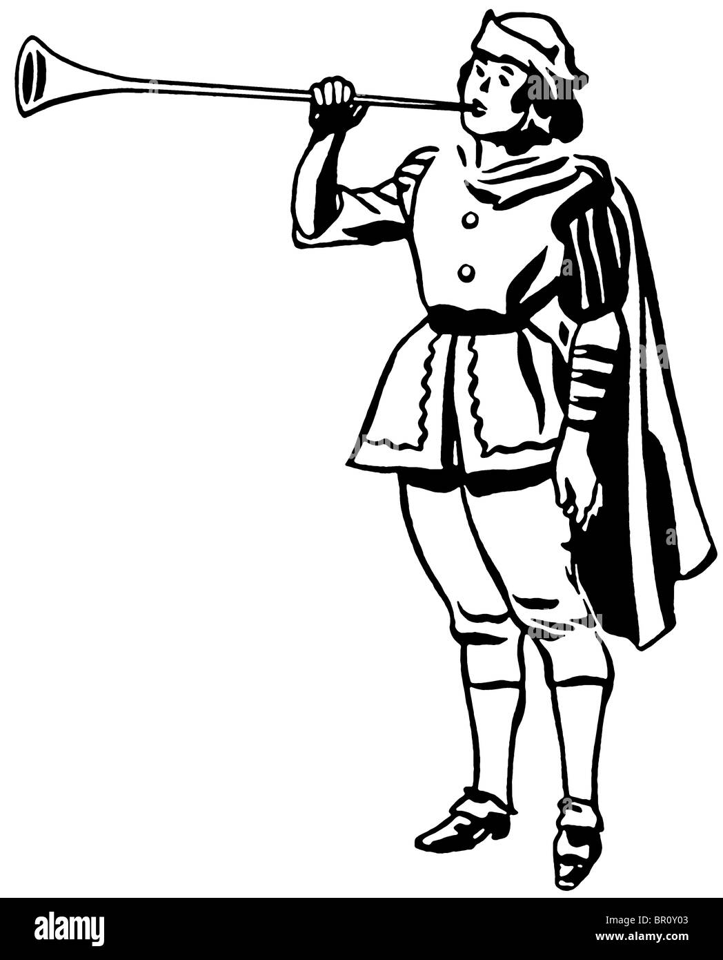 Una versione in bianco e nero di un disegno di un uomo in epoca rinascimentale la riproduzione di un avvisatore acustico o a tromba Foto Stock