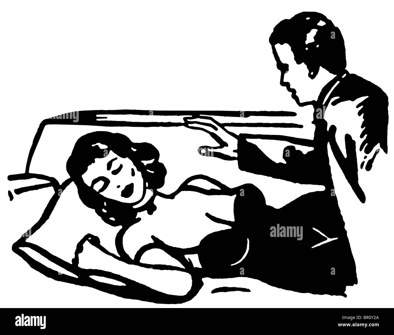 Una versione in bianco e nero di un'illustrazione di un uomo che guarda una donna addormentata Foto Stock